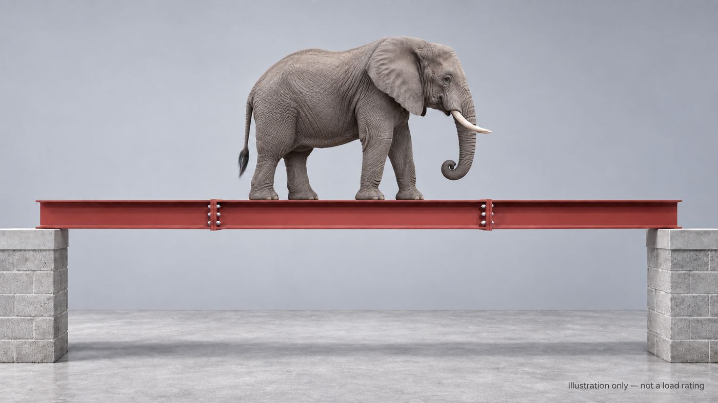 An elephant standing on a spliced steel beam bridging two piers